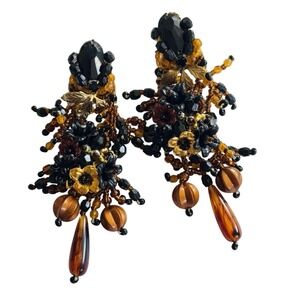 VTG Colleen Toland Earrings Statement Flashy Dangle Pierced Floral Glass Beaded